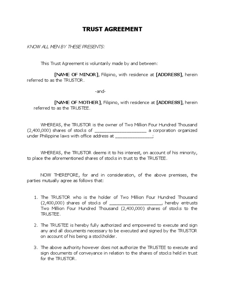 Trust Agreement: (NAME OF MINOR) Filipino With Residence at (ADDRESS