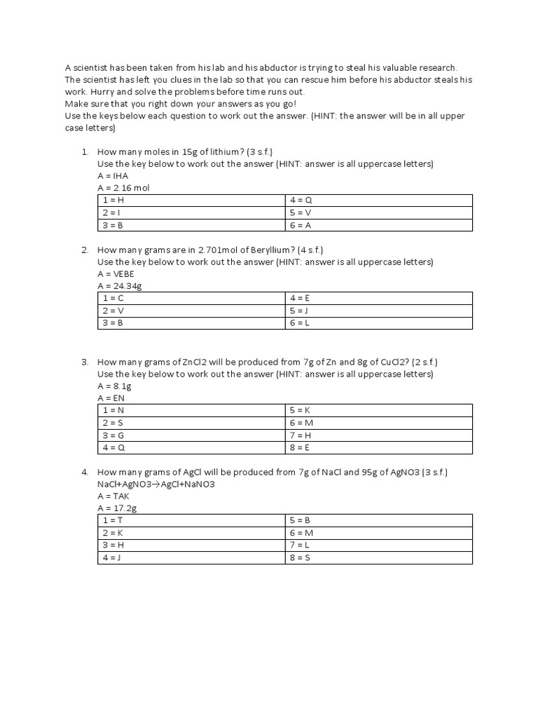 Mole Conversions Escape Room Answer Key