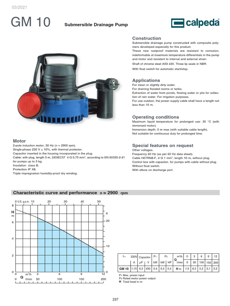 Submersible Drainage Pump GM 10 Specs | PDF | Pump | Electric Motor