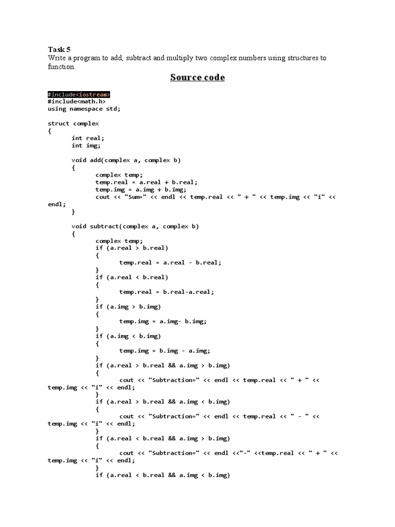 Source Code: Write A Program To Add, Subtract and Multiply Two Complex ...