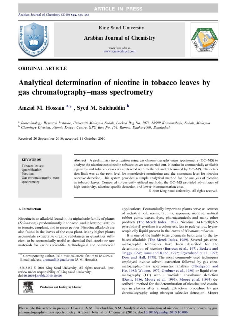Nicotine Analysis in Tobacco Leaves | PDF | Gas Chromatography | Mass ...