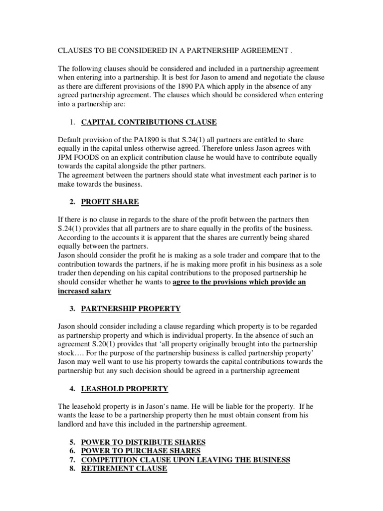 Clauses Partnership Agreement Pdf Partnership Leasehold Estate