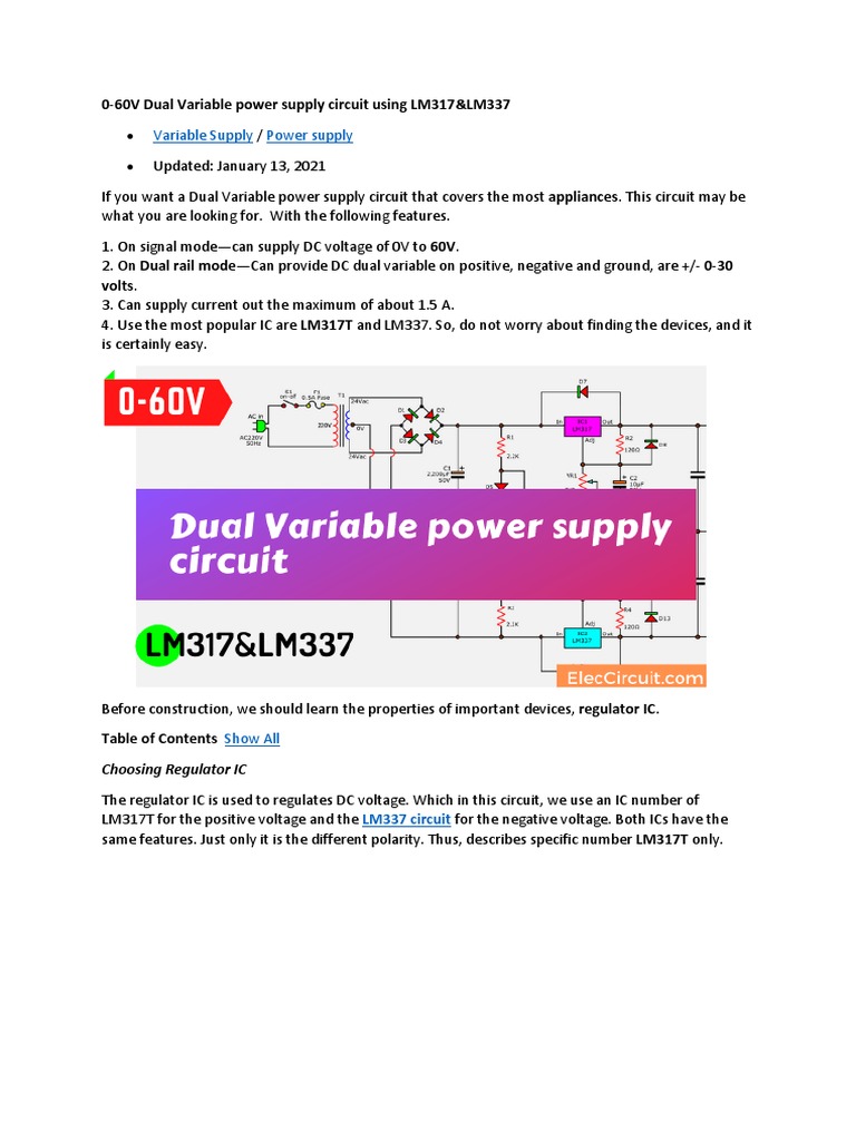0 60v Dual Variable Power Supply Circuit Using Lm317 Lm337 Power Supply Electrical Equipment