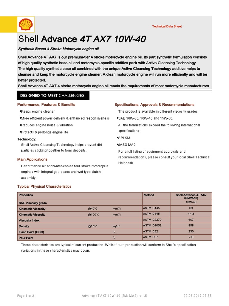 Shell Advance 4T AX7 10W-40 Overview | PDF | Motor Oil | Science