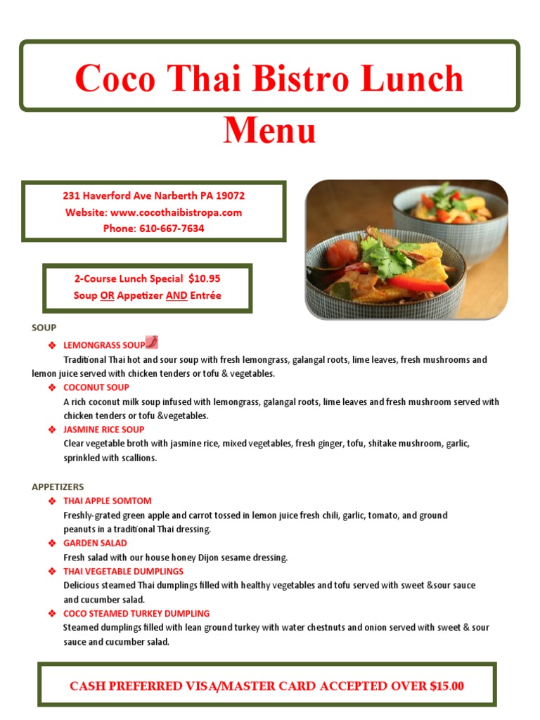 A Taste of Thailand Coco Thai Bistro Lunch Menu PDF Thai Cuisine Salad