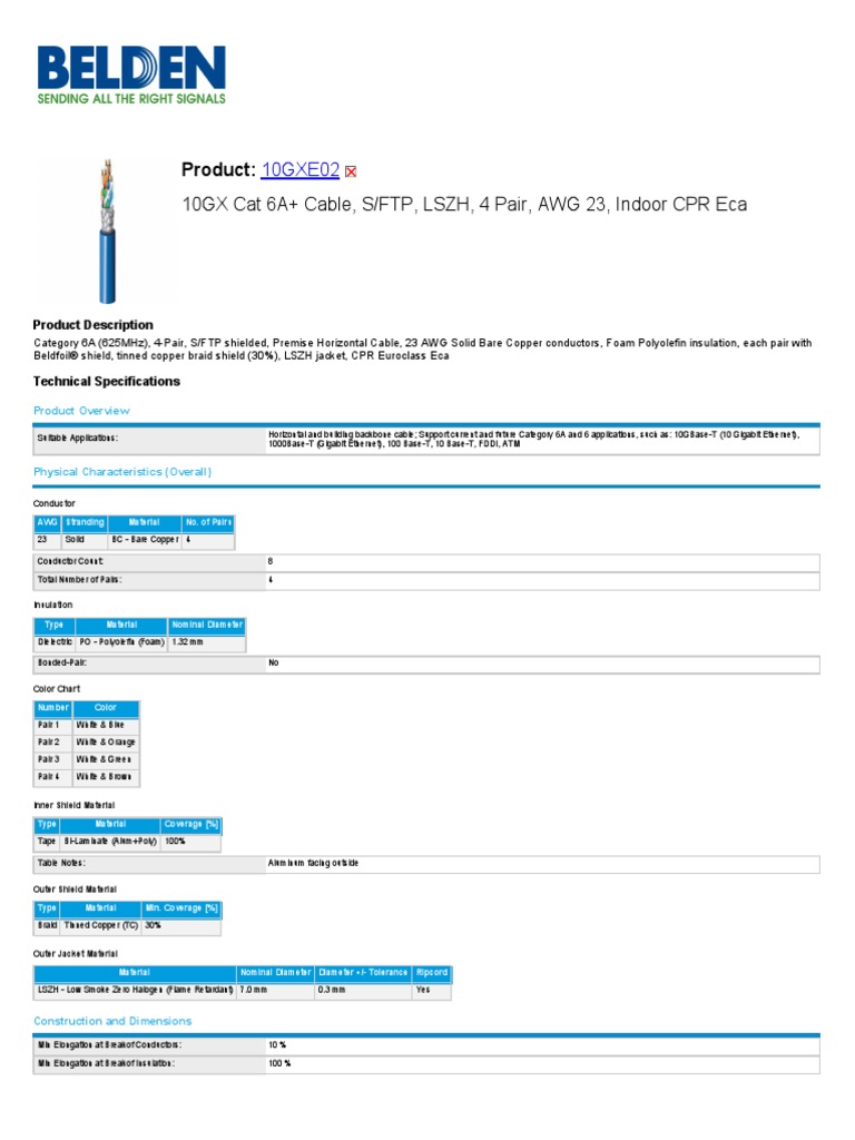 Product:: 10GX Cat 6A+ Cable, S/FTP, LSZH, 4 Pair, AWG 23, Indoor CPR Eca, PDF, Decibel