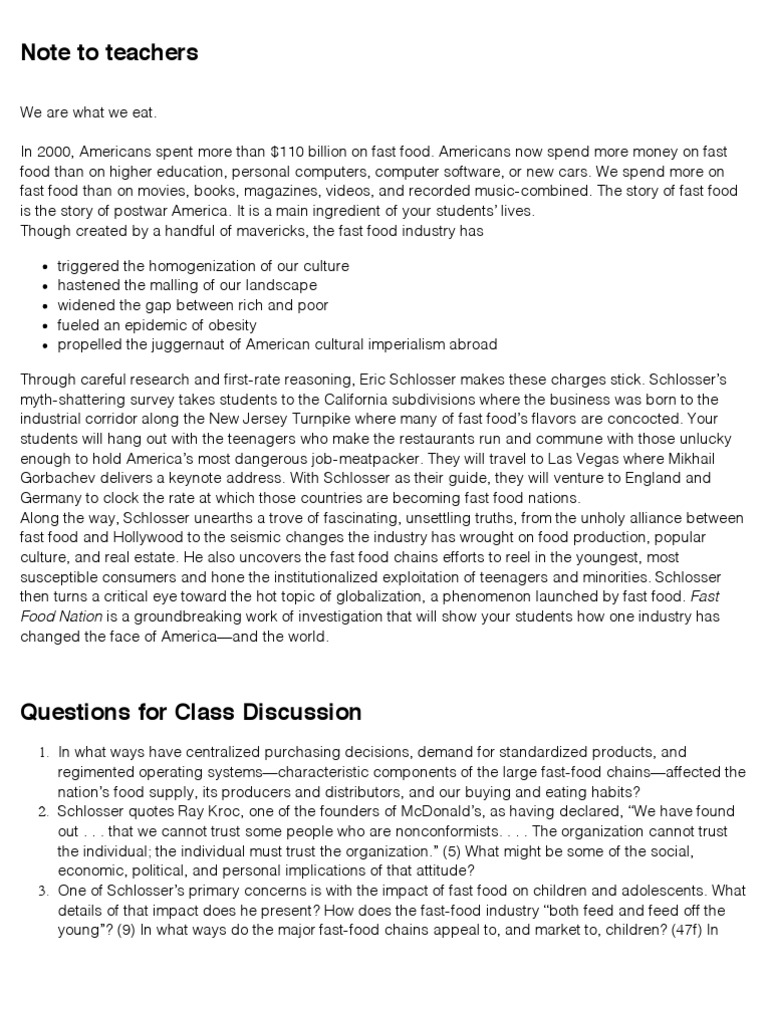 Fast Food Nation by Eric Schlosser -- Teacher Study Guide ...