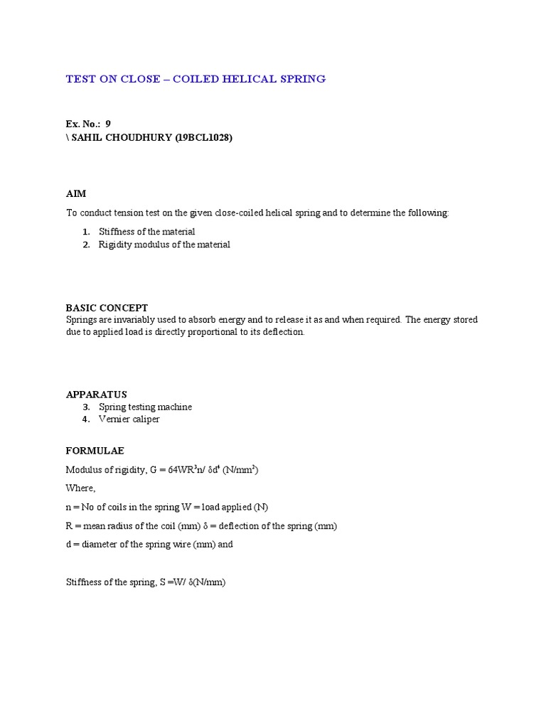 Tension Test on Helical Spring Results | PDF | Young's Modulus | Stiffness