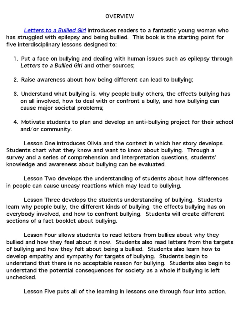 Letters To A Bullied Girl Teacher Study Guide PDF Bullying