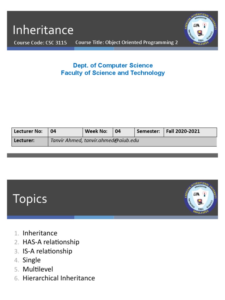 Inheritance: Dept. of Computer Science Faculty of Science and ...