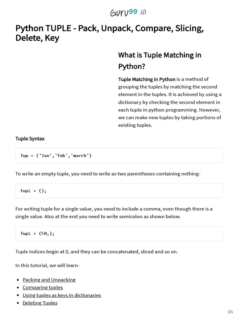 Python TUPLE Pack, Unpack, Compare, Slicing, Delete, Key PDF