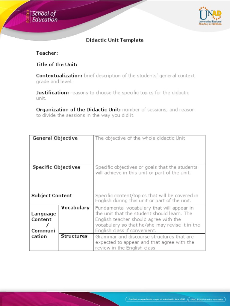 Didactic Unit Template Teacher Title Of The Unit Contextualization
