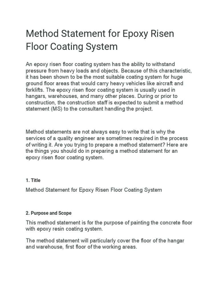 Method Statement For Epoxy Risen Floor Coating System | PDF | Personal ...