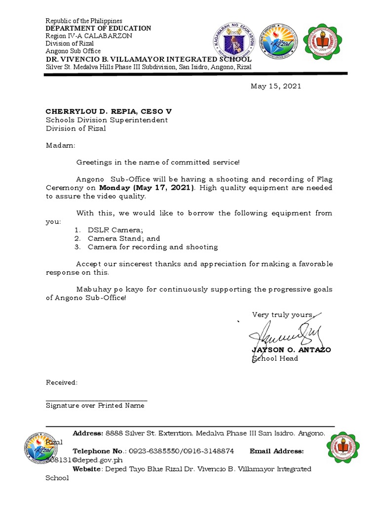 Letter To SDS Borrowing Equipment PDF