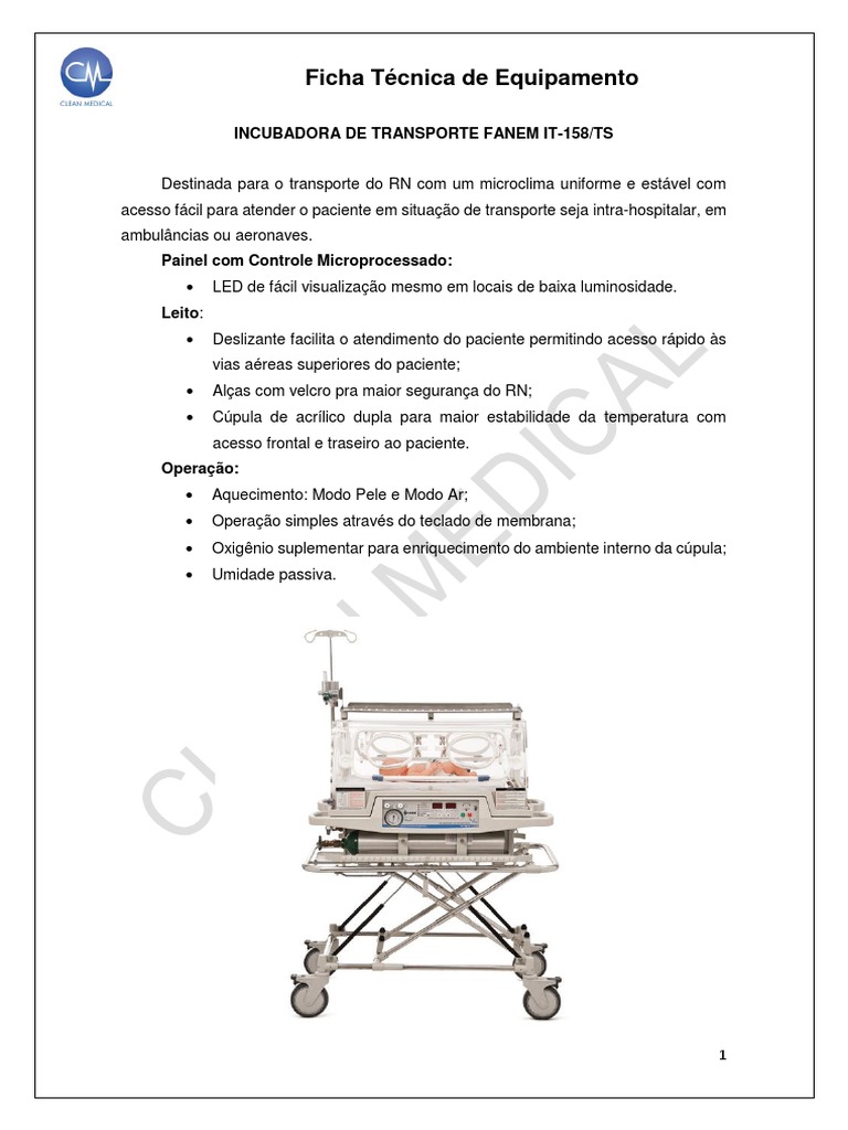 Ficha Tecnica Incubadora de Transporte Fanem It158ts | PDF ...