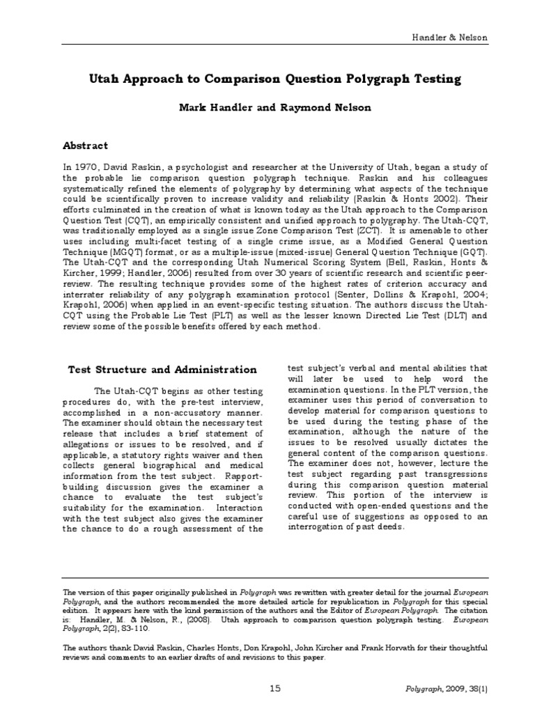 Utah Comparison Question Polygraph Method | PDF | Polygraph | Breathing