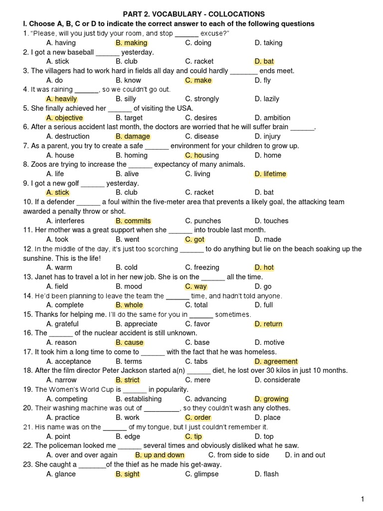 Part 2. Vocabulary - Collocations I. Choose A, B, C or D To Indicate ...