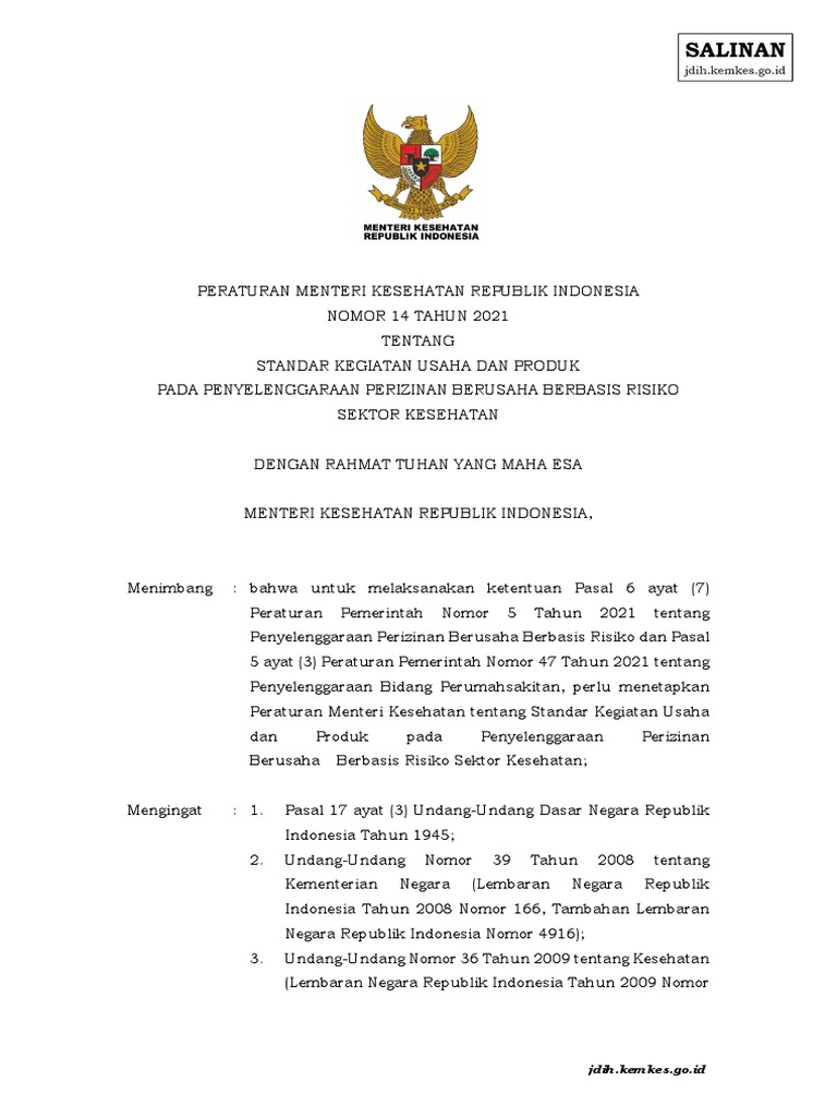 2021 PMK No. 14 TH 2021 Lampiran Standar Unit Tranfusi Darah | PDF