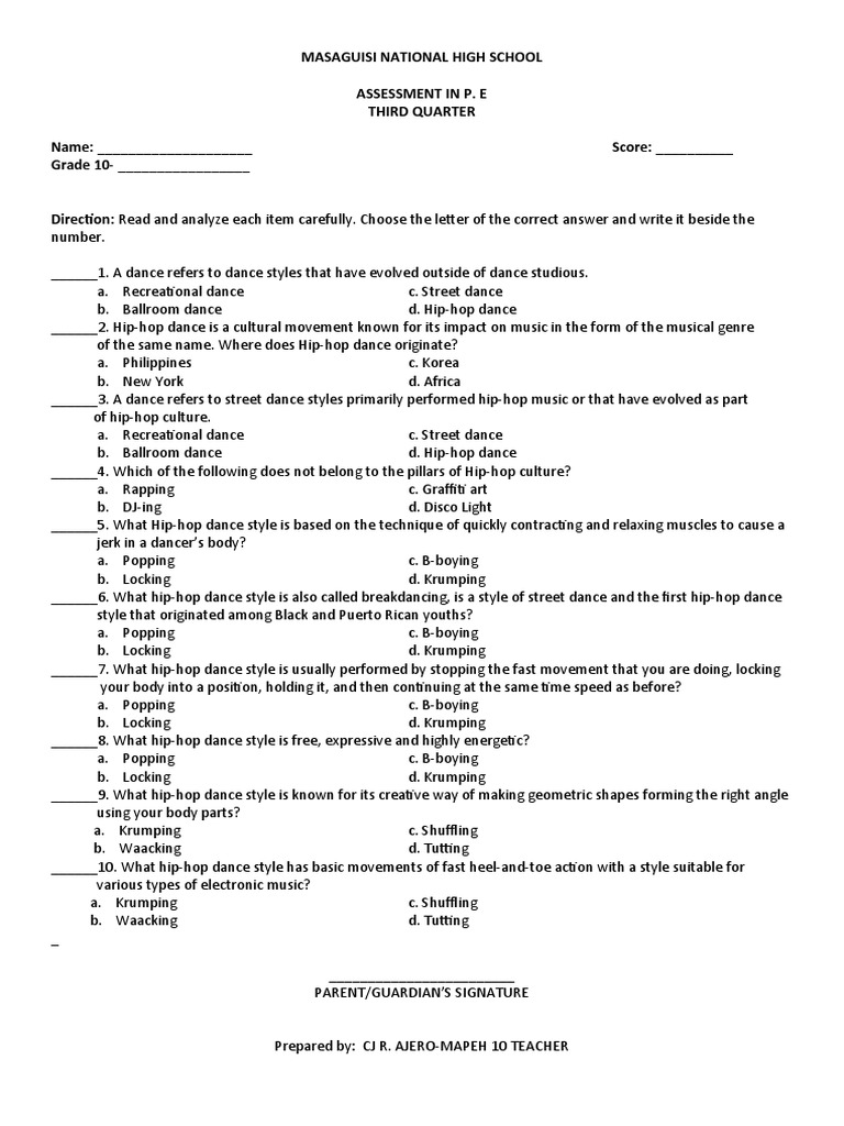 Masaguisi High School P.E. Assessment | PDF | Hip Hop Music | Dances