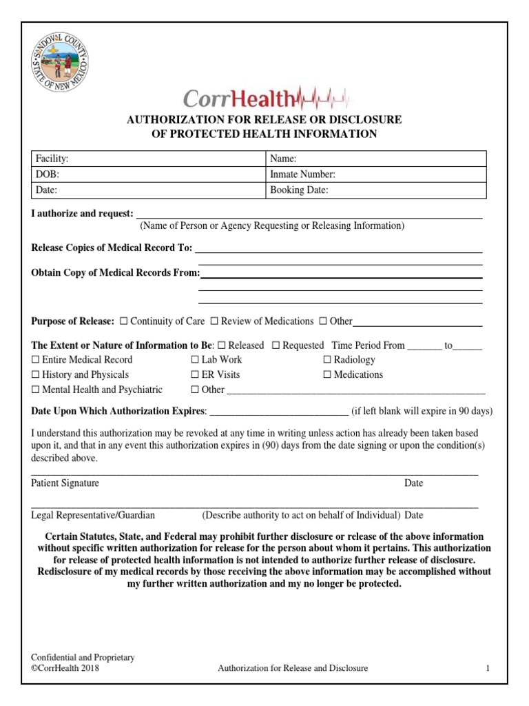 Authorization For Release and Disclosure For SCDC Medical Records 2019 ...