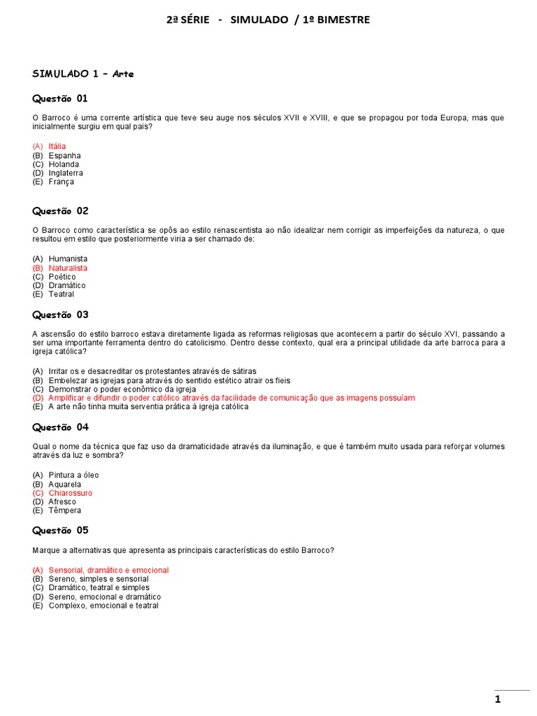 Simulado de Artes 2º Ano - Segundo - Bimestre | PDF | Barroco | Peter ...