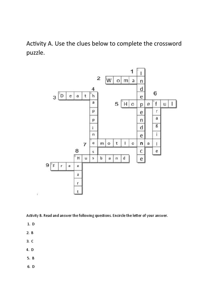 Activity A. Use The Clues Below To Complete The Crossword Puzzle PDF