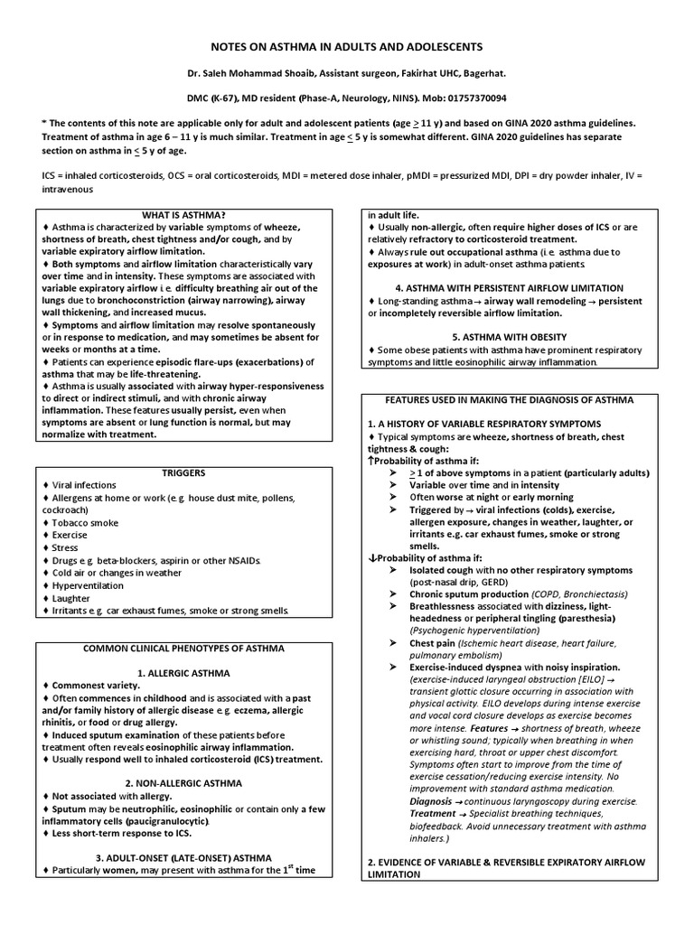 Asthma Management Notes for Adults | PDF | Asthma | Cough