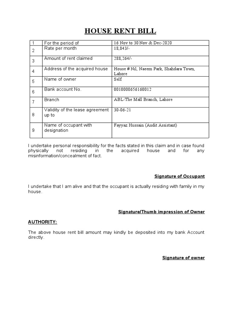 House Rent Bill for Lahore Property | PDF