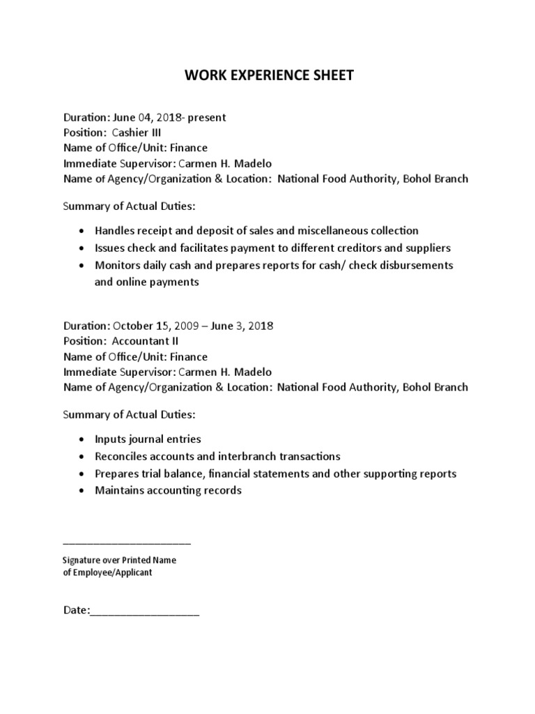 Work Experience Sheet