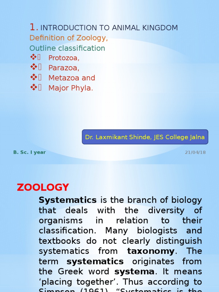 Introduction To Animal Kingdom Definition of Zoology PDF Taxonomy