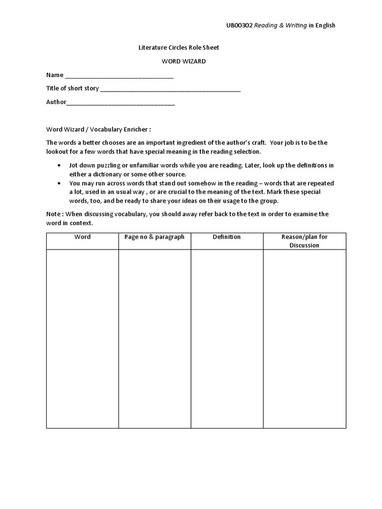 Literature Circles Role Sheet PDF
