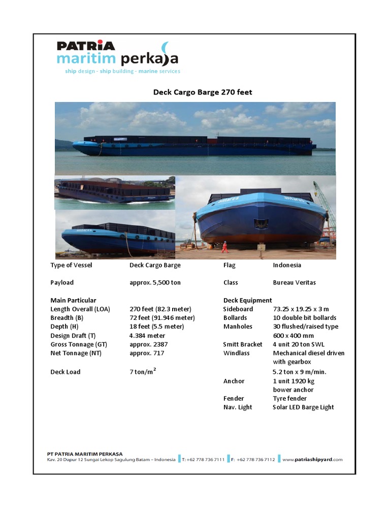 Sada Aanpassing Huiswerk Deck Cargo Barge 270 Feet 4 | PDF | Tonnage | Water Transport