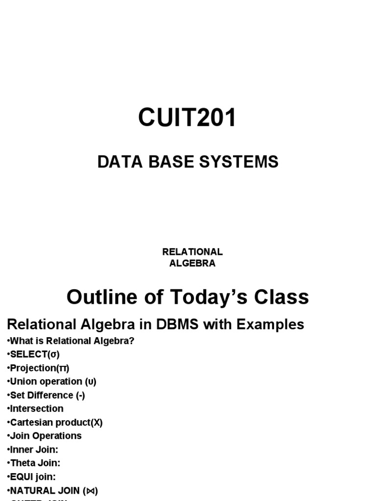 Lecture 7 - Relational Algebra in DBMS | PDF | Relational Model