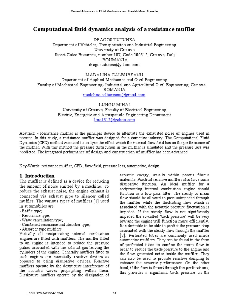 Computational Fluid Dynamics Analysis of A Resistance Muffler | PDF ...