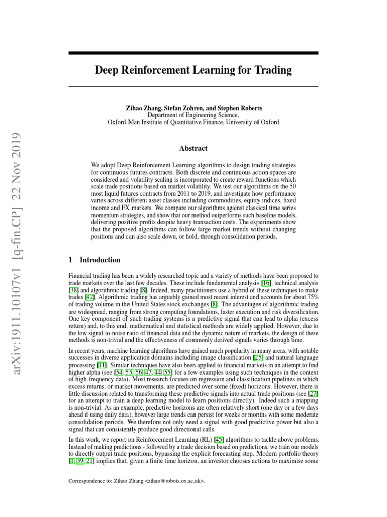 Deep Reinforcement Learning For Trading: Correspondence To: Zihao Zhang ...