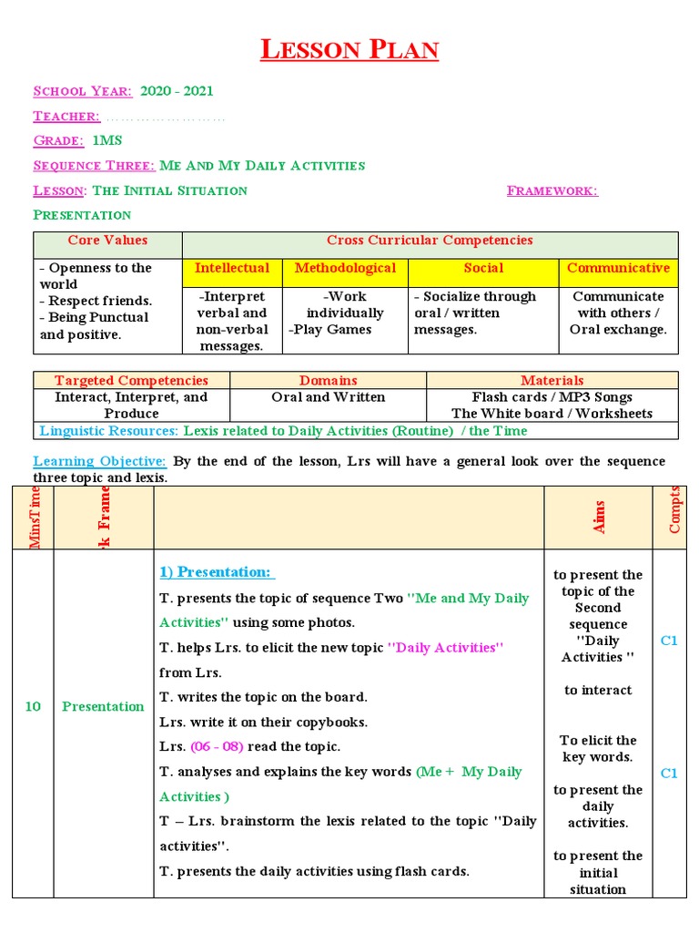 Daily Activities Lesson Plan for Grade 1 | PDF | Nonverbal ...