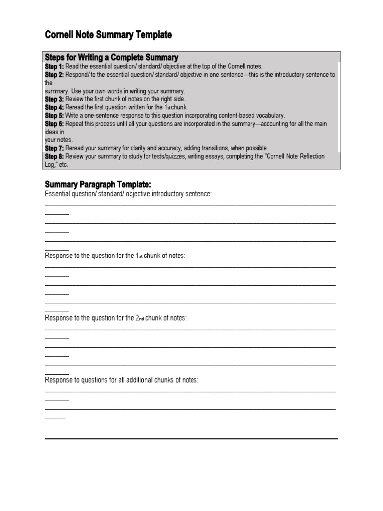 Cornell Note Summary Template: Steps For Writing A Complete Summary | PDF