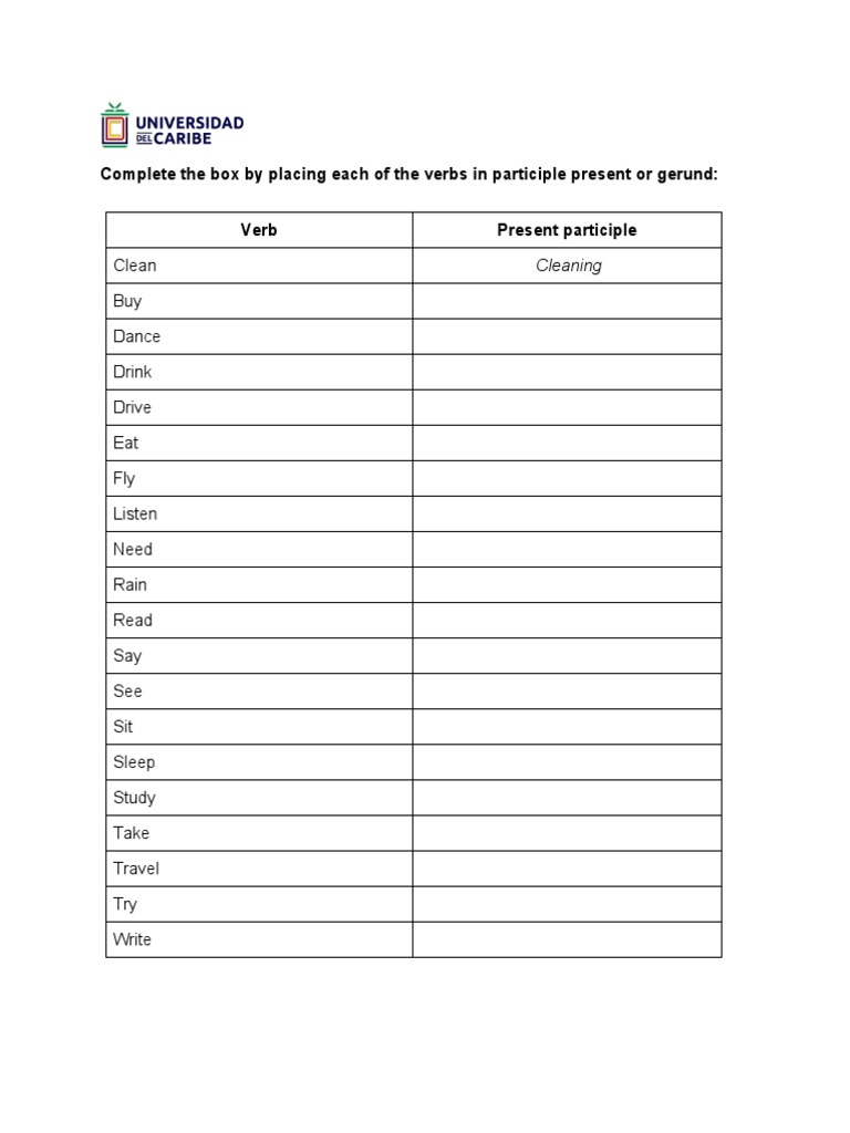 Complete The Box by Placing Each of The Verbs in Participle Present or