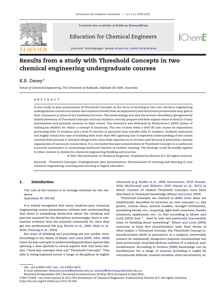 Davey 2012 Results From A Study With Threshold Concepts in Two Chemical ...