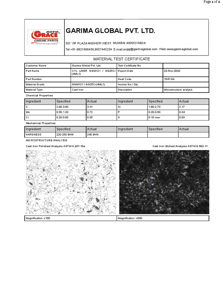 Garima Global Pvt. LTD.: Material Test Certificate | PDF | Cast Iron ...