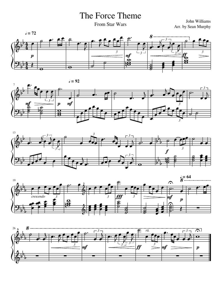 The Force Theme Star Wars Piano Arrangement PDF