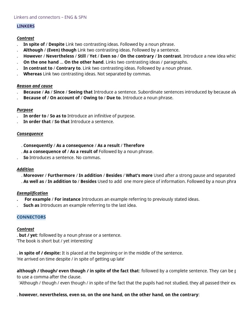 English-Spanish Linkers & Connectors Guide | PDF | Phrase | Sentence ...