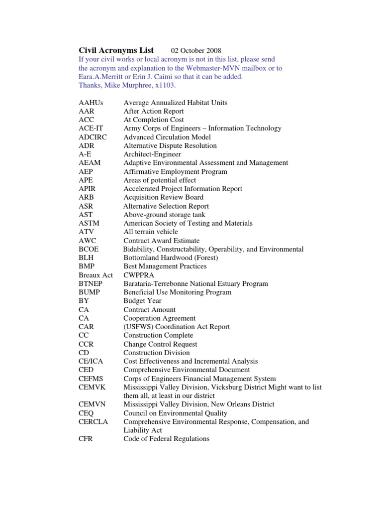 Civil_acronyms United States Army Corps Of Engineers National