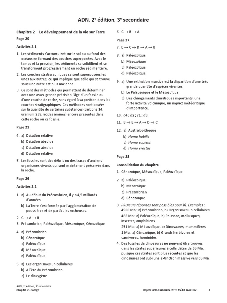 Option Science Physique Secondaire 5 Corrigé Pdf ADN Chapitre 2 | PDF | Fossile | Homo