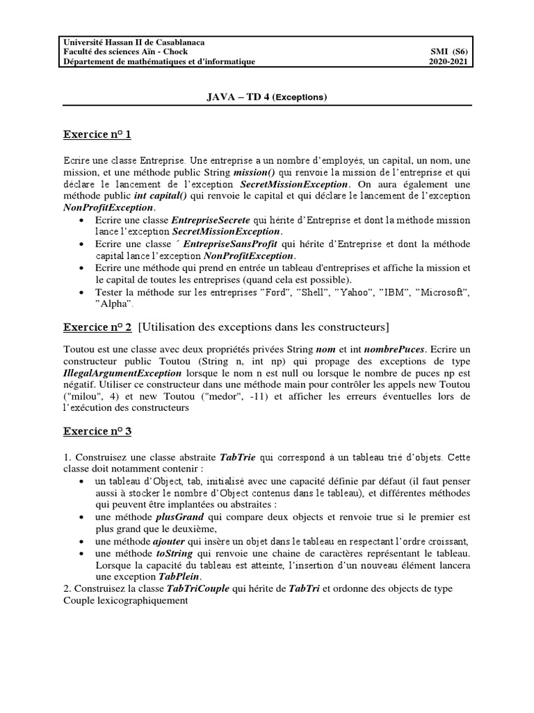 Exercices Java sur les Exceptions et Héritage | PDF | Constructeur ...
