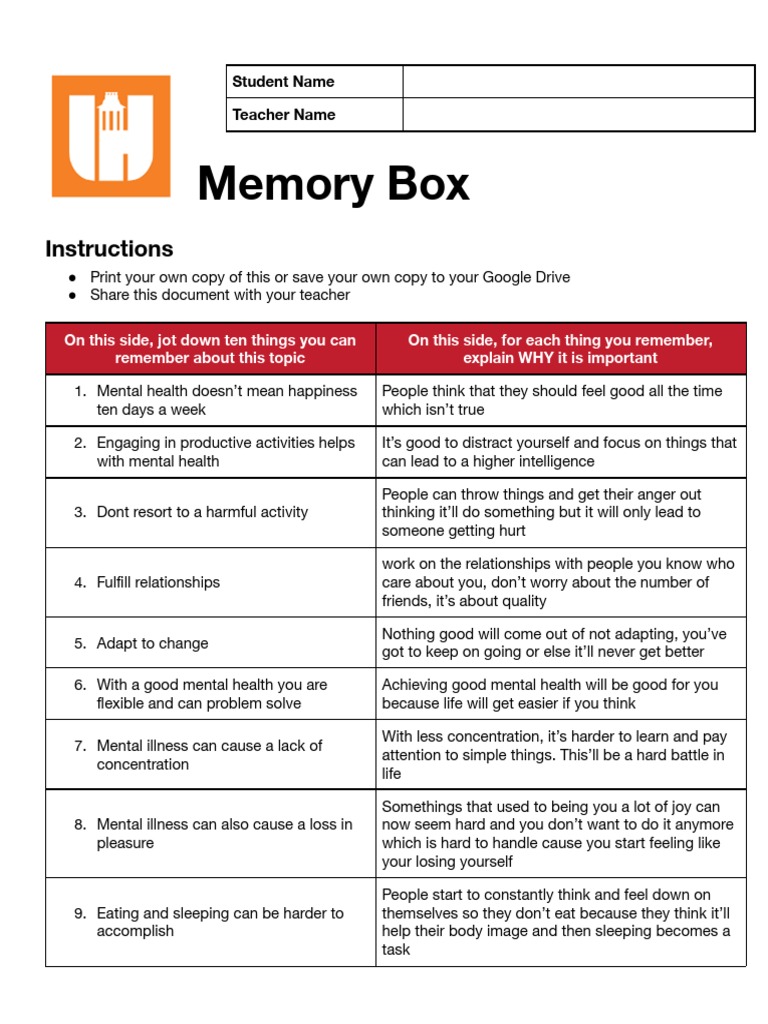 Mental Health Memory Box | PDF | Mental Disorder | Applied Psychology