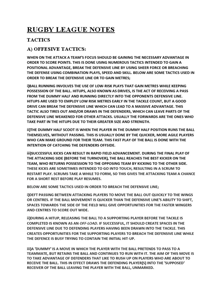 Rugby League Notes: Tactics A) Offesive Tactics | PDF | Athletic Sports ...