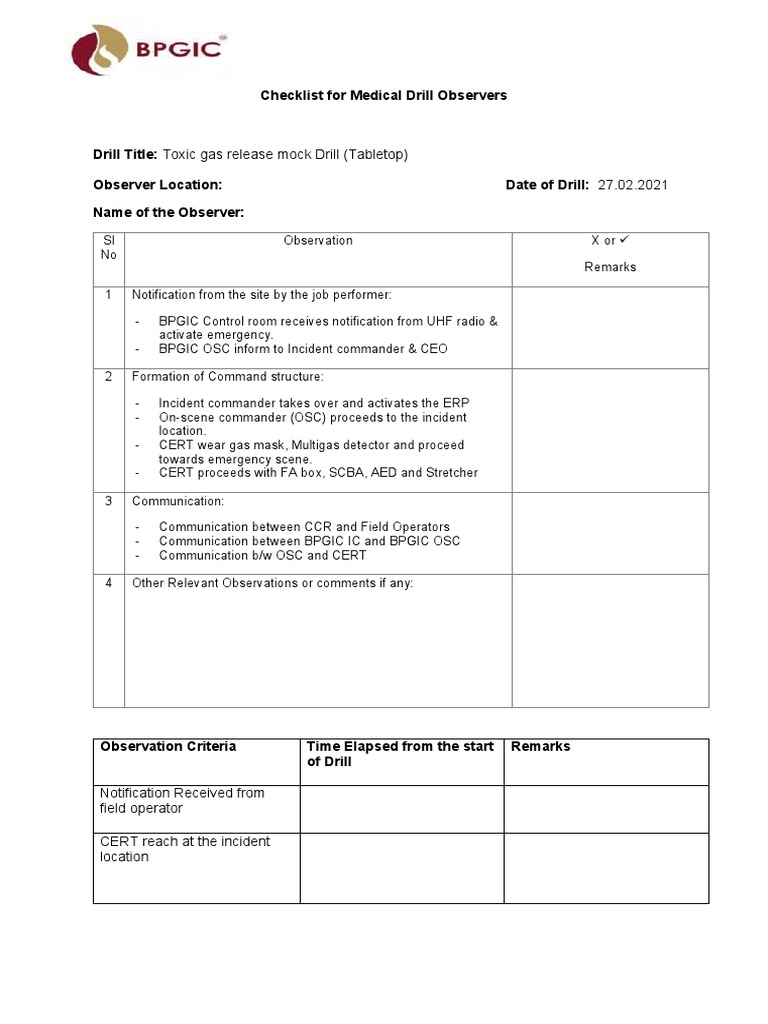 Emergency DrillObserver Checklist PDF