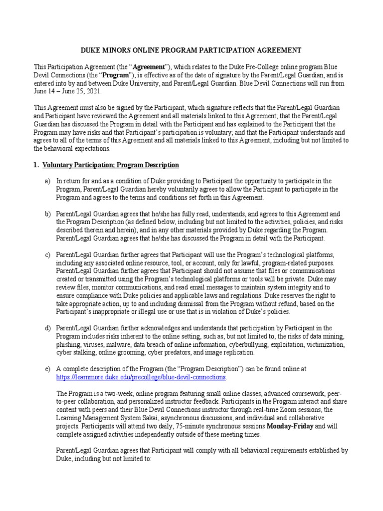 Duke Minors Online Program Participation Agreement PDF Tort Legal