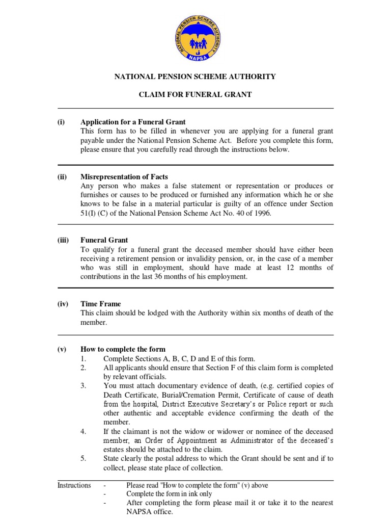 Napsa Funeral Grant Claim Form PDF Pension Banks